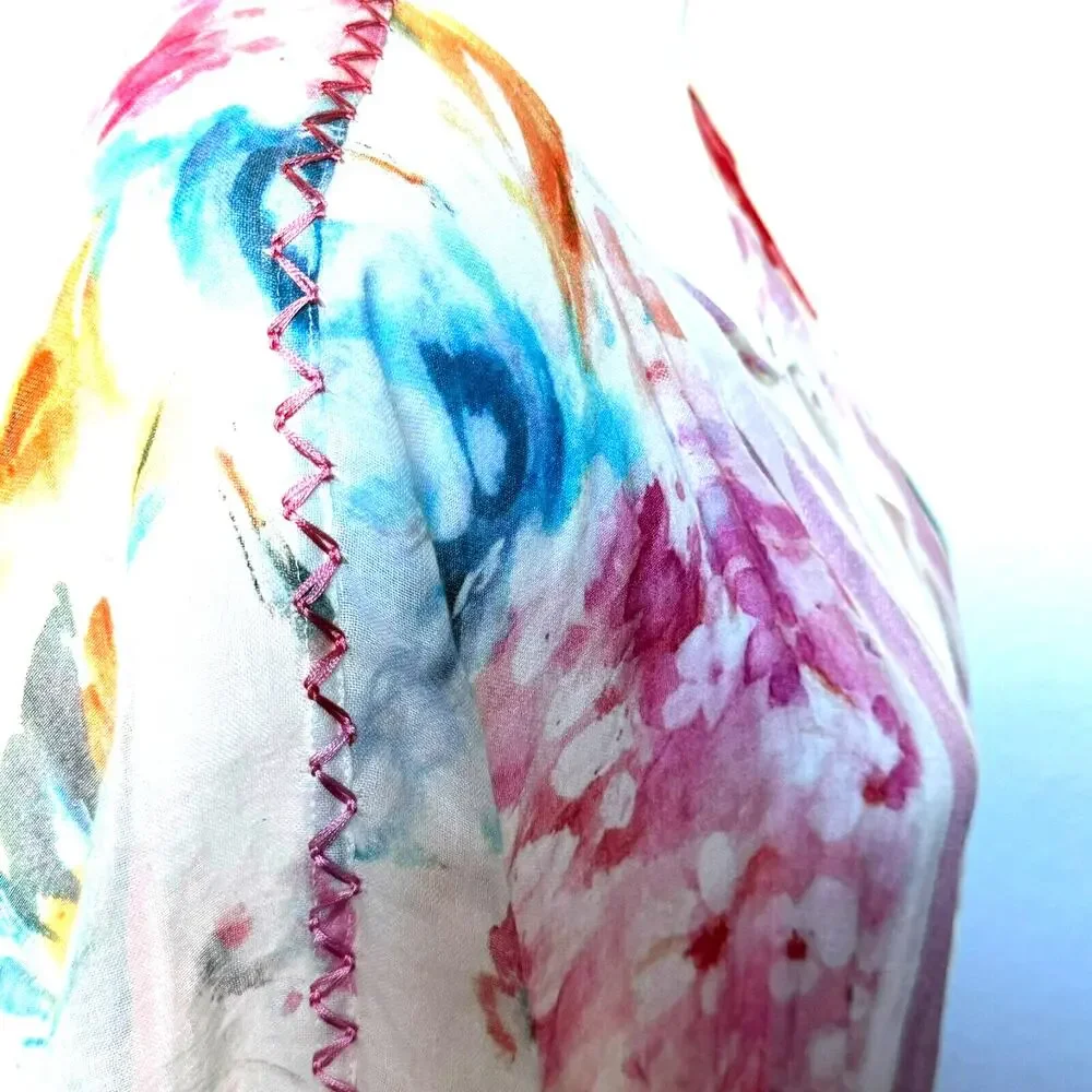 LAGUNA Watercolor Floral Silk Cotton Long Open Swim Cover Up Kaftan Kimono Boho‎